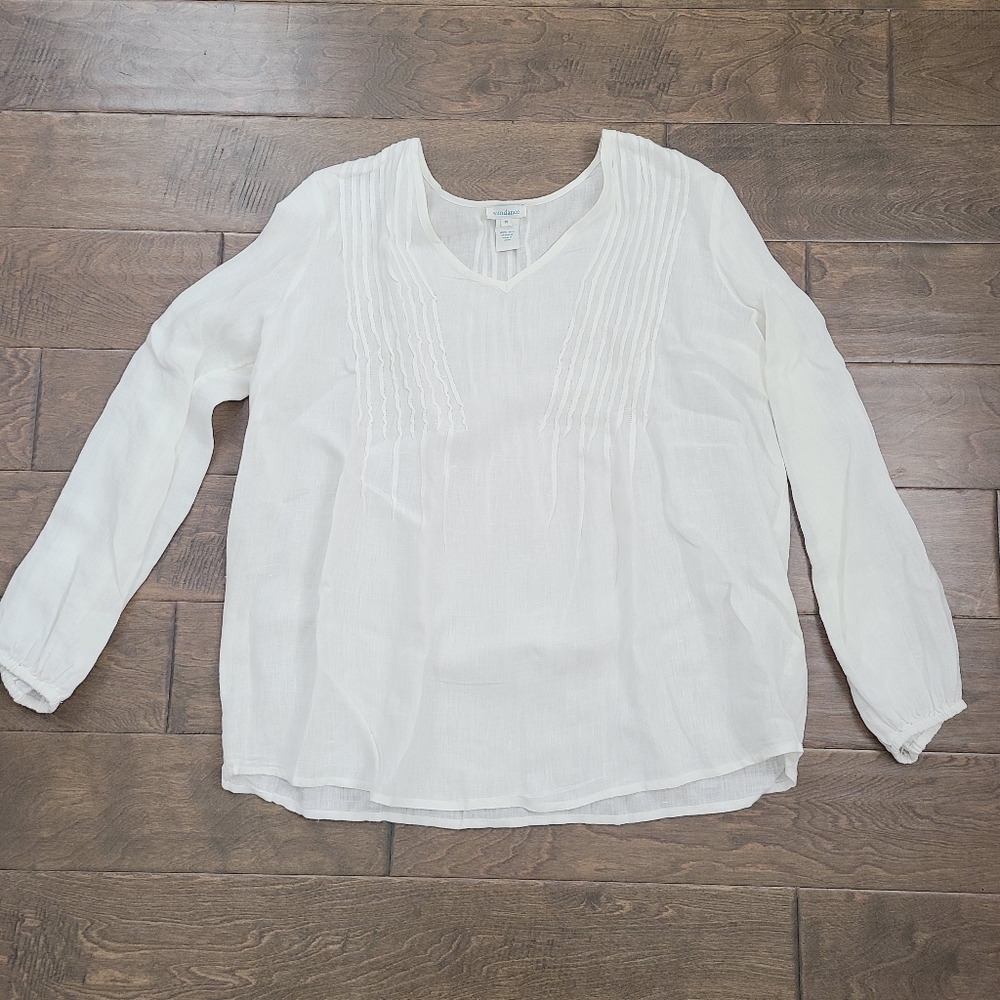 Sundance White Pintuck Long Sleeve Linen Blouse Size Medium
